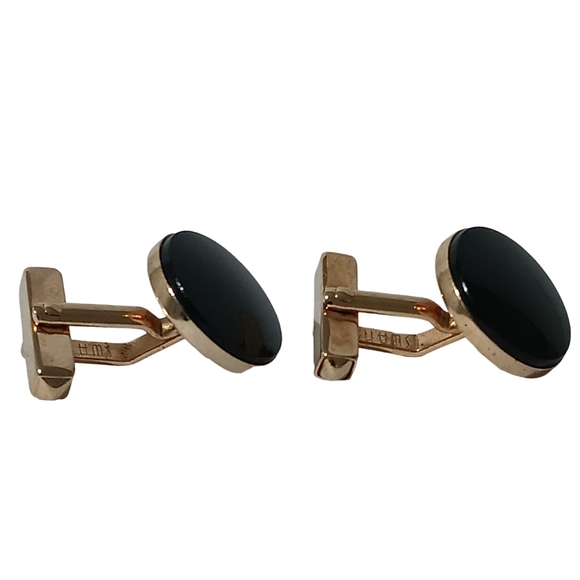 Vintage Swank Cufflinks Gold Tone Round Black Onyx Stone Signed - Picture 4 of 8